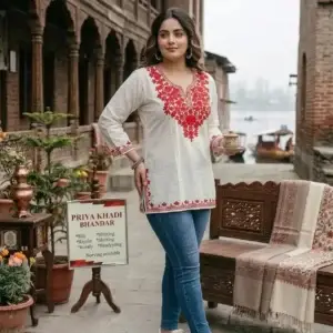 White Kashmiri Short Cotton Kurta