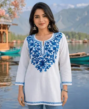 Kashmiri White Blue Short Kurta