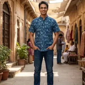 Half Sleeves Worley Print Cotton Short Kurta