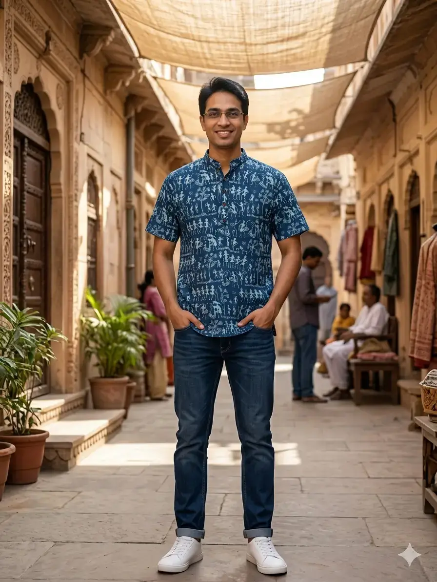 Half Sleeves Worley Print Cotton Short Kurta